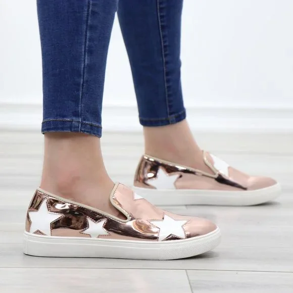 Rose Gold With White Stars Patent Sneakers Shoes - Picture 5 of 14